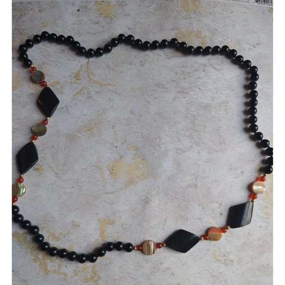 Vintage Black and Orange Bead Necklace Estate Jewelry - Picture 2 of 4